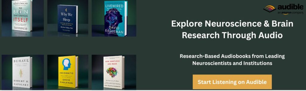 udible banner featuring neuroscience and brain research audiobooks including The Brain That Changes Itself, Why We Sleep, Behave, Incognito, and Livewired.