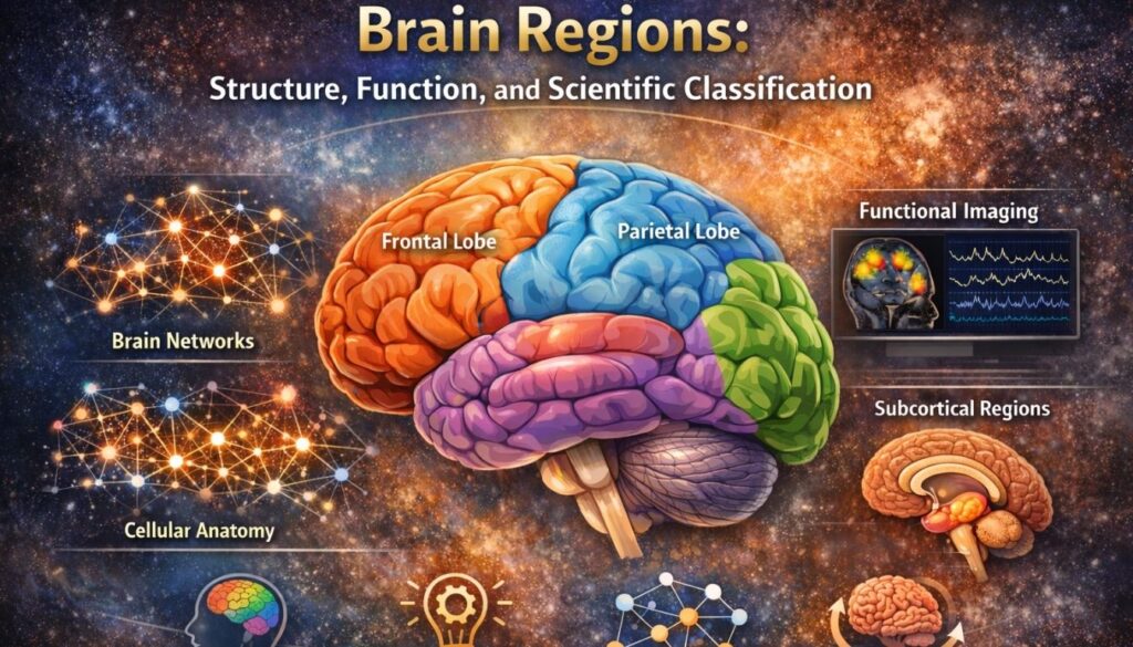 Illustration of major brain regions including frontal, parietal, temporal, and occipital lobes with network connectivity background.