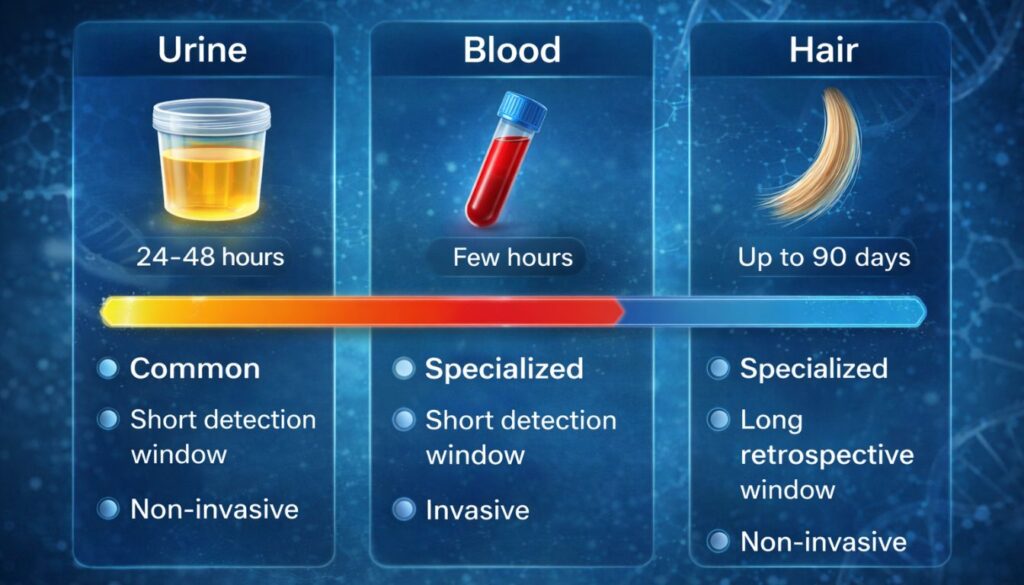 Comparison chart showing how long magic mushrooms stay in the body across urine, blood, and hair drug testing methods.