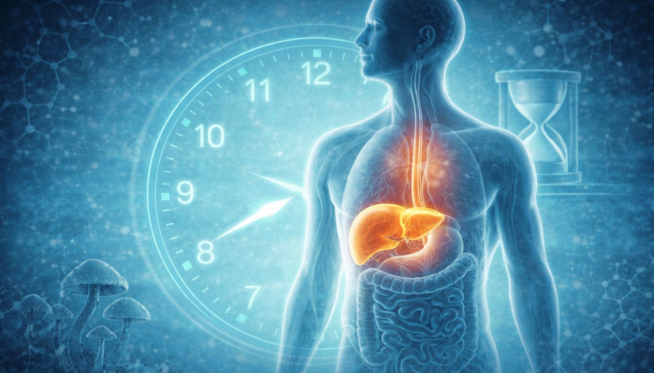 Medical illustration showing how long magic mushrooms stay in the body, highlighting the liver, digestive system, and time-based metabolism process.