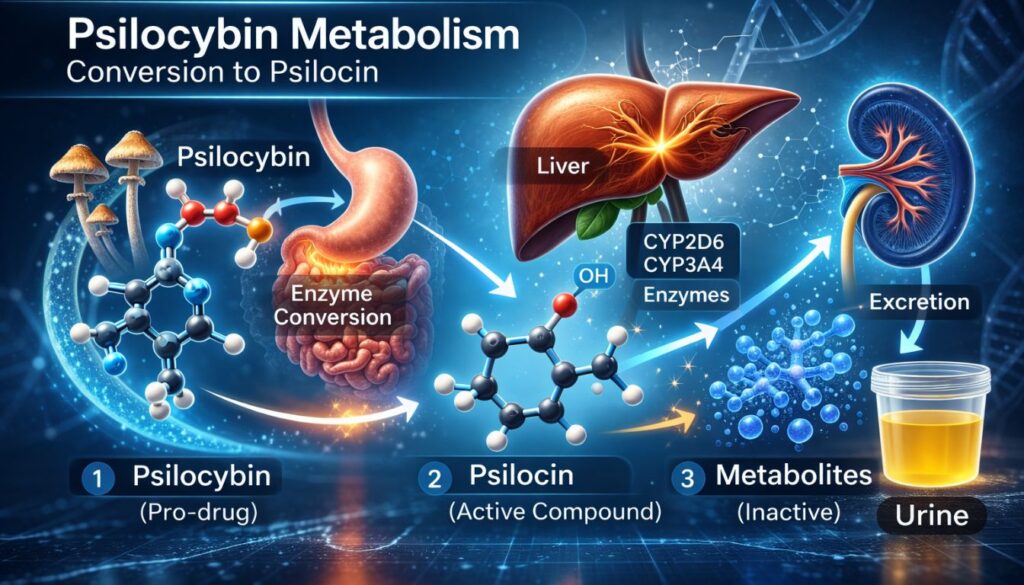 Infographic explaining how long magic mushrooms stay in the body by showing psilocybin conversion to psilocin and liver metabolism before excretion.