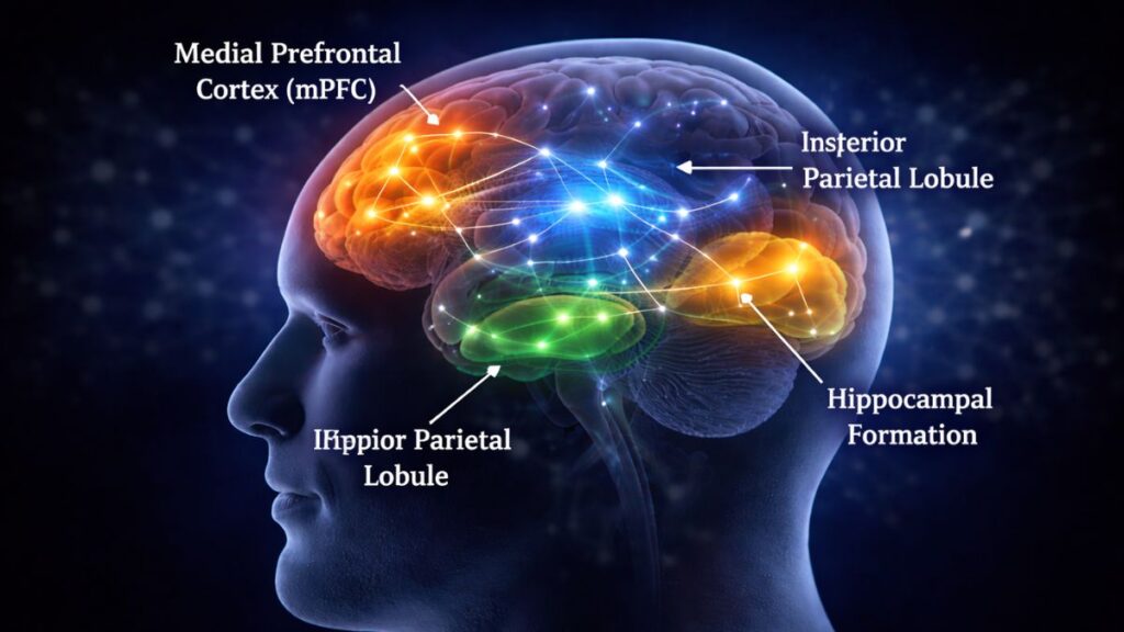 Conceptual illustration highlighting major brain regions commonly associated with the Default Mode Network