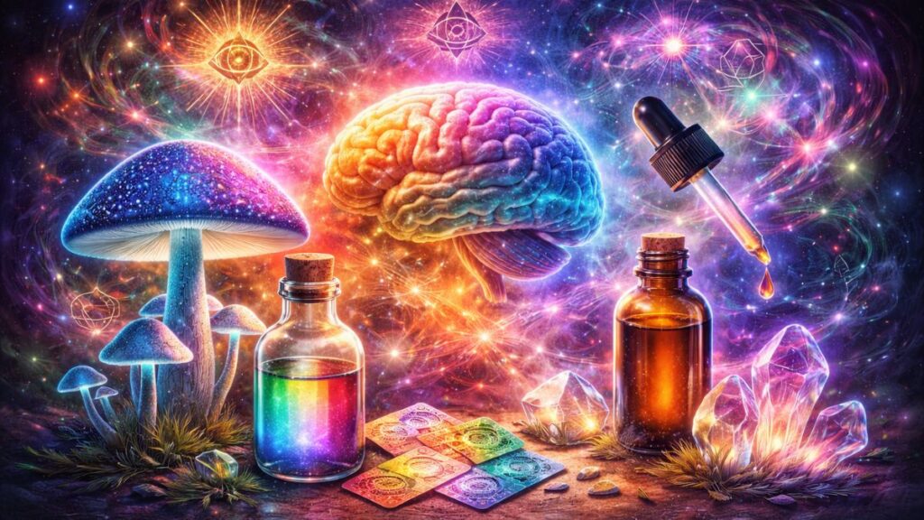 Abstract illustration representing psychedelics and their relationship to brain networks, neuroscience, and altered states of perception