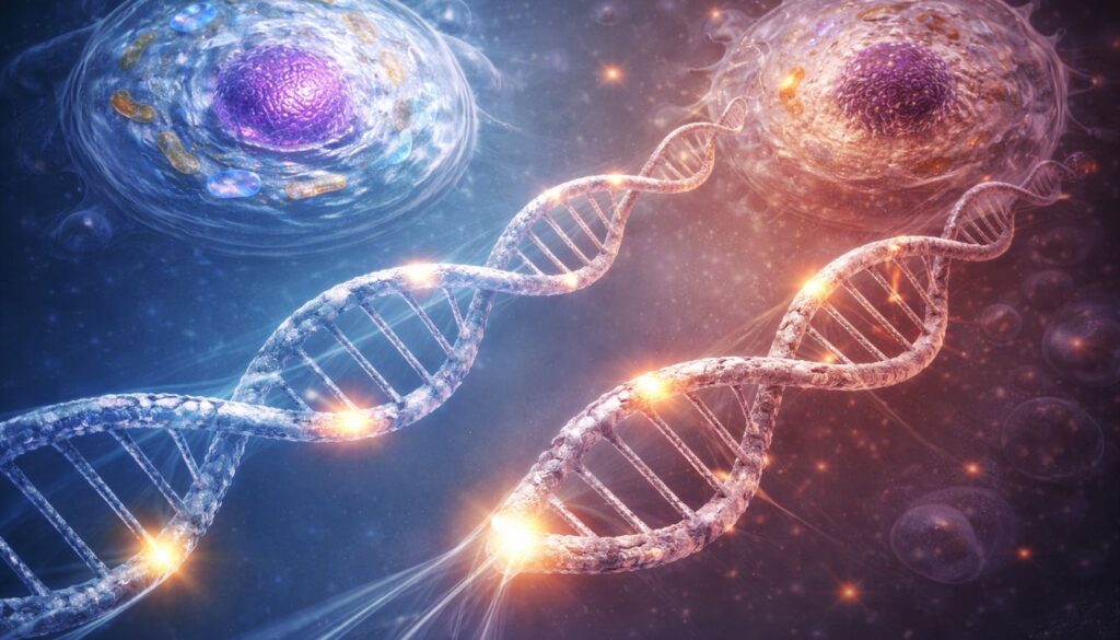 Scientific illustration of cellular aging and telomere shortening often associated with Magic Mushrooms Third Eye longevity claims