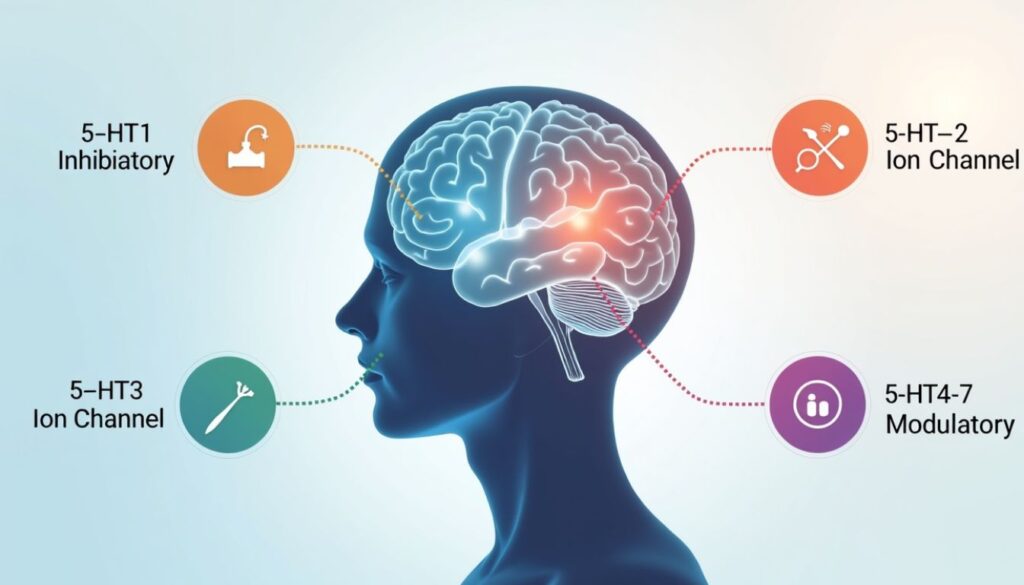 Illustration of serotonin receptor families in the brain including inhibitory 5-HT1 receptors, excitatory 5-HT2 receptors, ion channel 5-HT3 receptors, and modulatory 5-HT4-7 receptors.