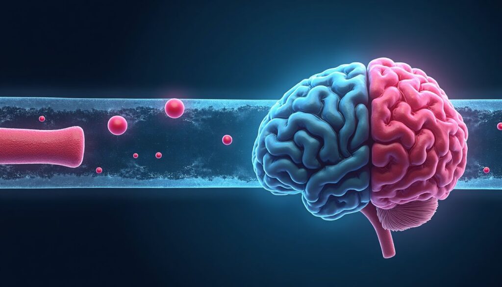 Conceptual illustration of molecules in the bloodstream interacting with the blood–brain barrier and limited central nervous system penetration related to norpsilocin pharmacokinetics.