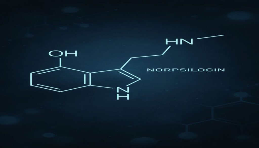 Chemically accurate structural formula of norpsilocin (4-hydroxy-N-methyltryptamine) shown as a scientific molecular diagram on a dark background.