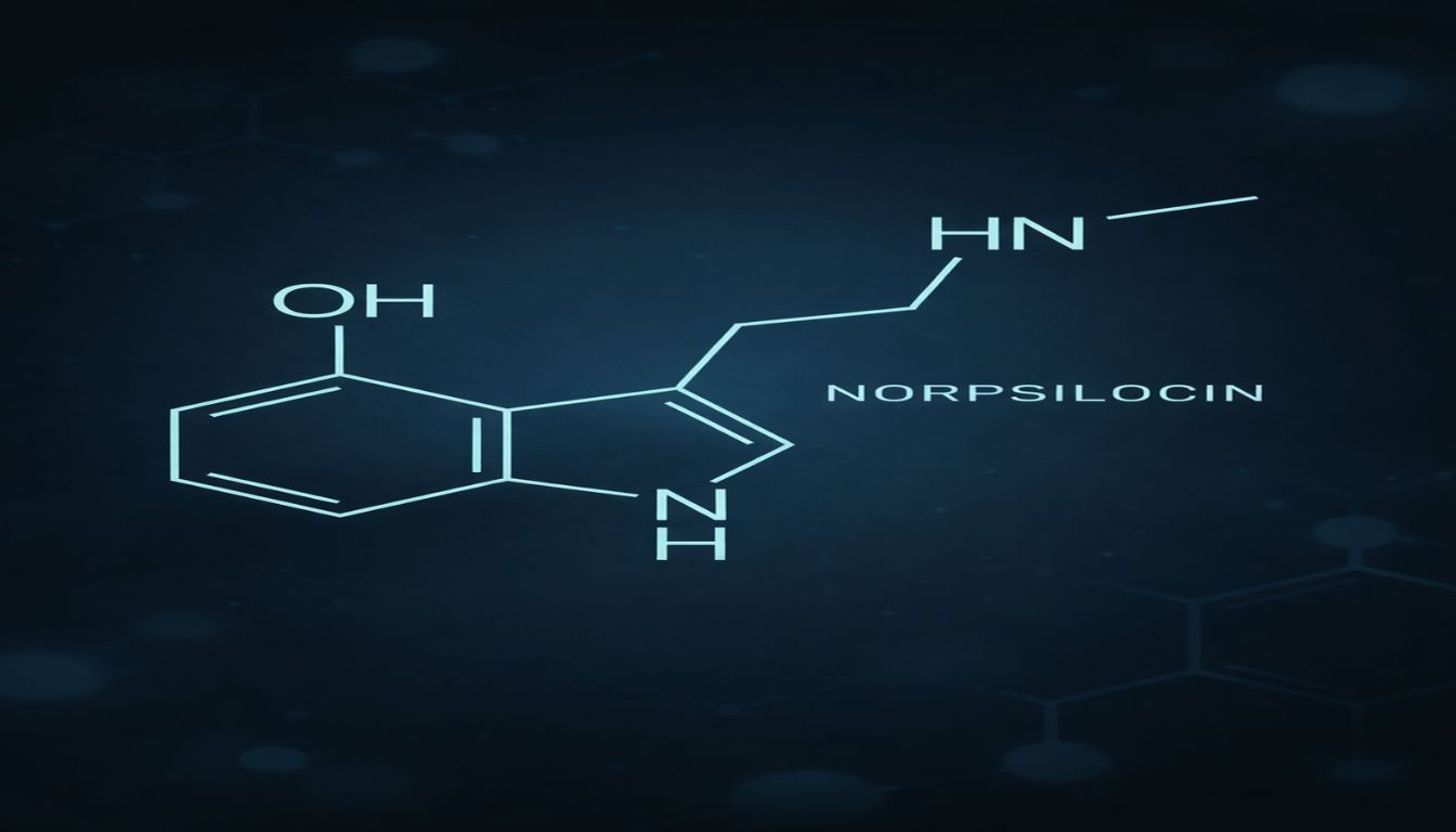 Chemically accurate structural formula of norpsilocin (4-hydroxy-N-methyltryptamine) shown as a scientific molecular diagram on a dark background.