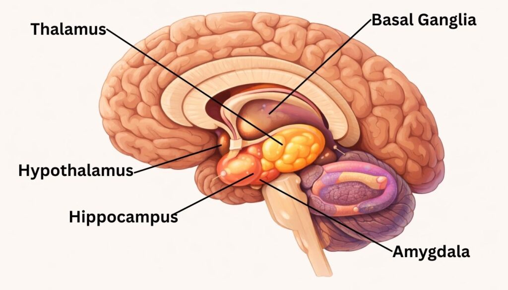 Medical illustration of a sagittal brain section showing cortical and subcortical brain regions.
