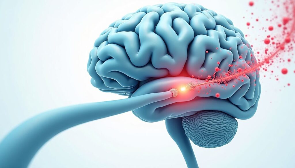 Medical illustration of a human brain with red particles representing excessive serotonin activity crossing a synapse, symbolizing serotonin syndrome.