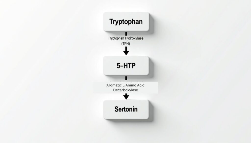 Diagram showing serotonin synthesis pathway from tryptophan to 5-HTP and serotonin via tryptophan hydroxylase and aromatic L-amino acid decarboxylase.