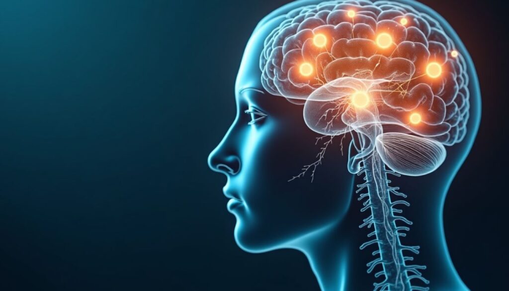 Digital illustration of the human brain highlighting serotonin signaling pathways and receptor activity in cortical regions.