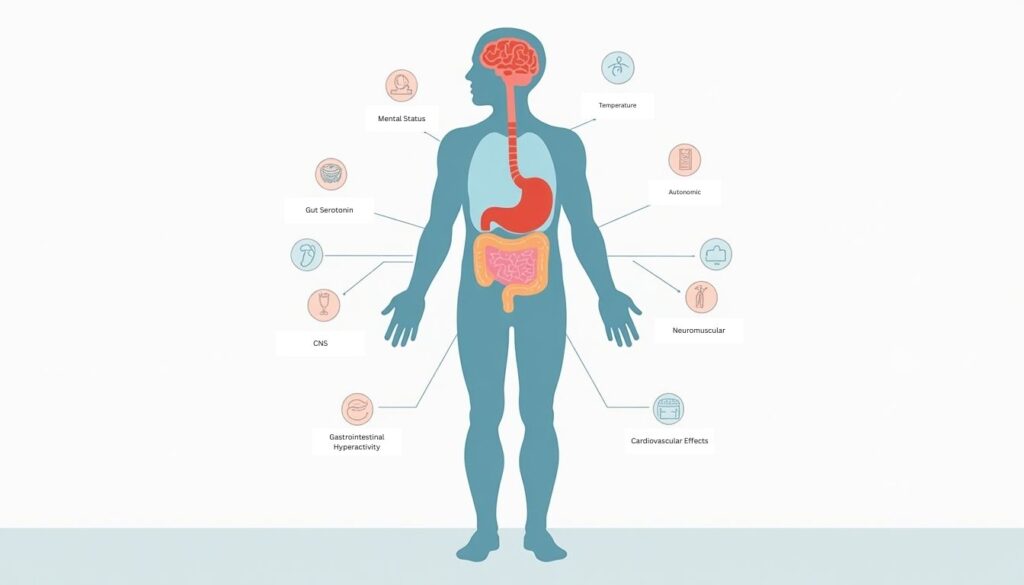 Infographic of a human body highlighting the brain, heart, and gastrointestinal tract to illustrate how serotonin syndrome affects multiple organ systems.