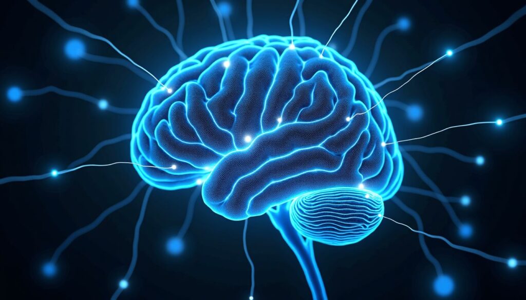 Neural pathways firing across the brain, illustrating how psychedelic mushrooms influence brain connectivity