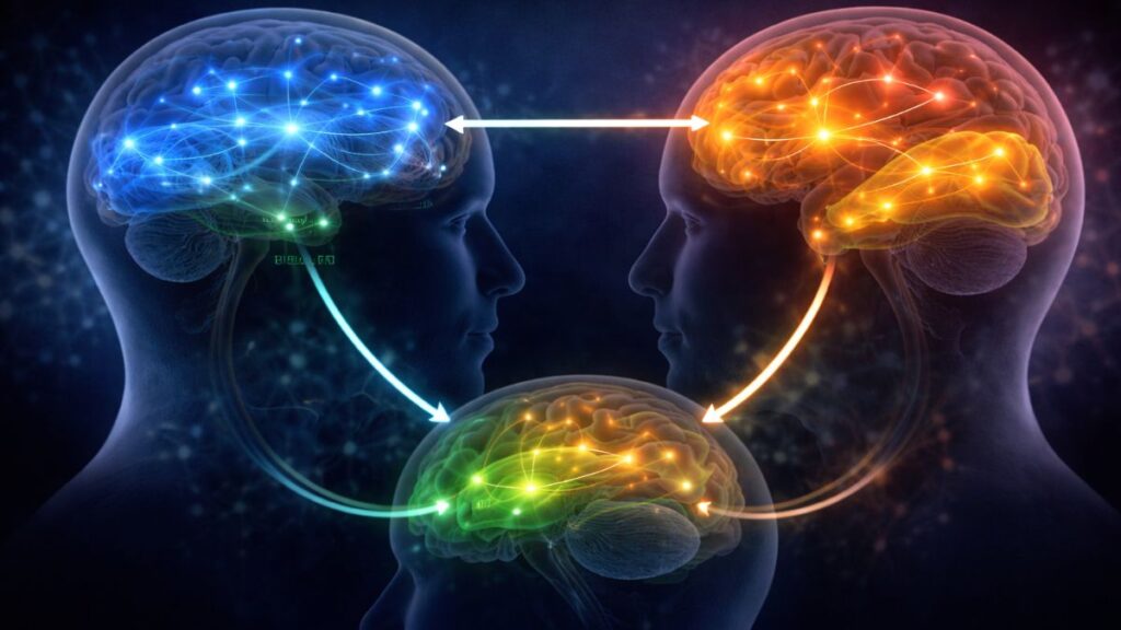 Conceptual illustration showing interactions between the Default Mode Network and other major brain networks