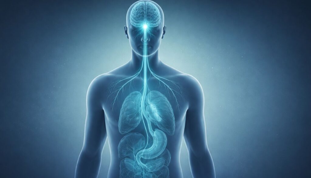 Medical-style illustration of the vagus nerve extending from the brainstem to the heart and digestive organs, representing parasympathetic control.