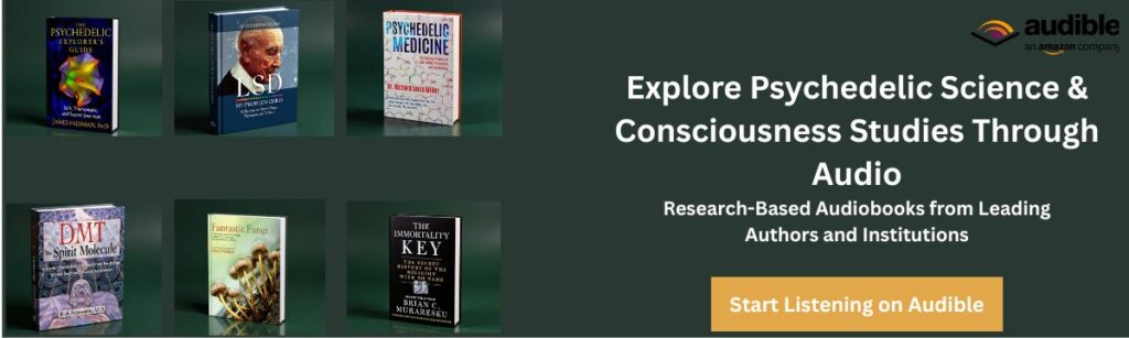 Banner displaying psychedelic research audiobooks including titles by William A. Richards, Rick Strassman, Albert Hofmann, and others, with Audible logo and call to action to start listening.