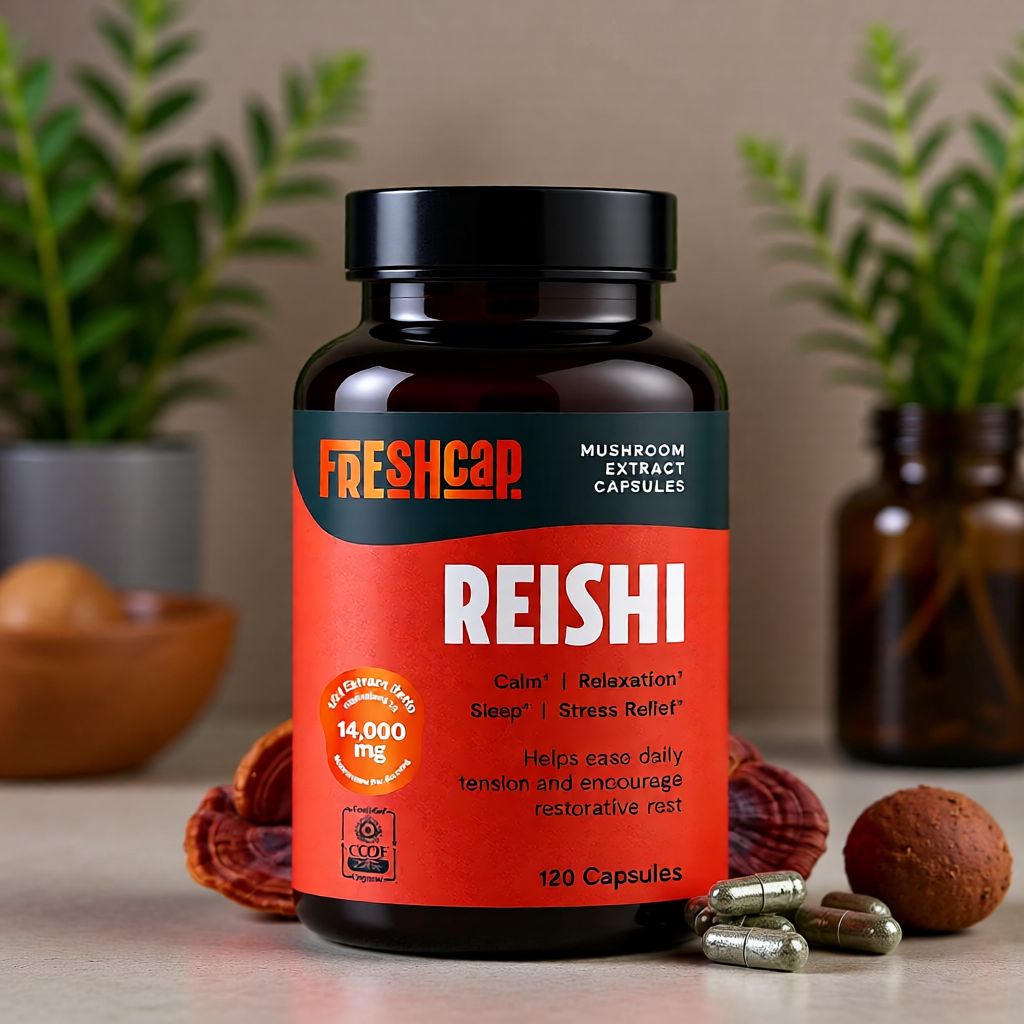 FreshCap Reishi mushroom extract supplement bottle, 120 capsules