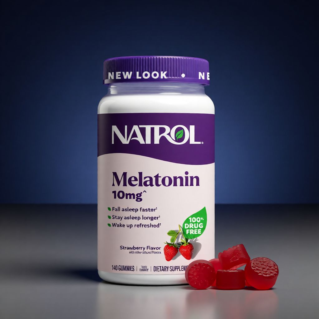 Natrol Melatonin 10mg strawberry flavored gummy supplement bottle, 140 count