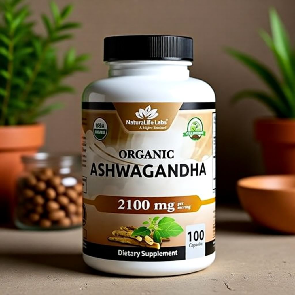 Naturalife Labs Organic Ashwagandha 2100mg supplement bottle, 100 capsules