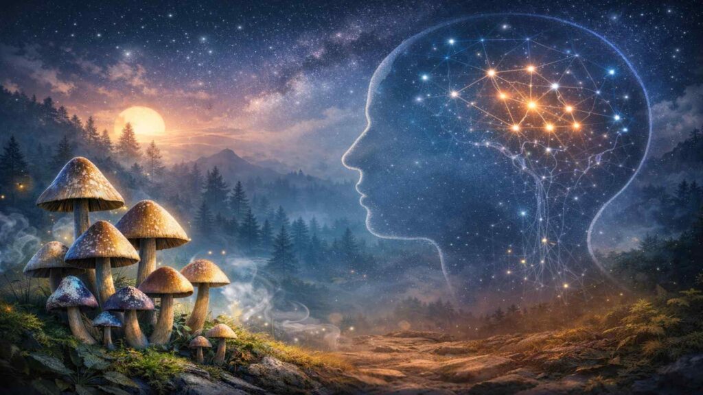 Psychedelic mushrooms overview showing fungi associated with psilocybin research and neuroscience studies mushrooms and a human brain representing neuroscience research into psychedelic mushrooms.