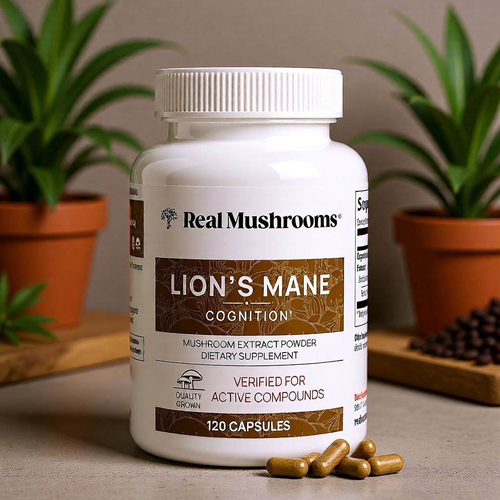 Real Mushrooms Lion’s Mane mushroom extract supplement bottle, 120 capsules