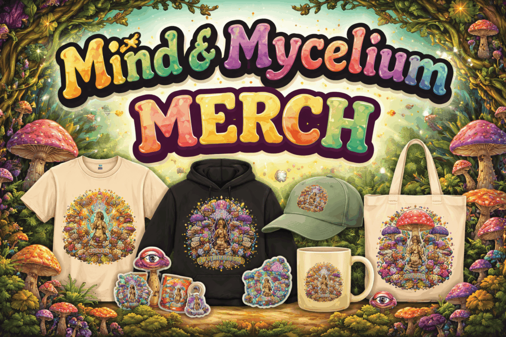 Psychedelic mushroom-themed merch hero image featuring colorful fungi, cosmic elements, and Mind & Mycelium branding in a vibrant forest setting