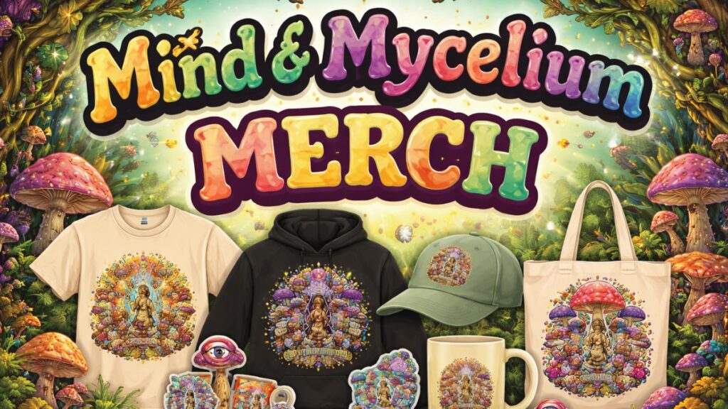 Psychedelic mushroom-themed merch hero image featuring colorful fungi, cosmic elements, and Mind & Mycelium branding in a vibrant forest setting