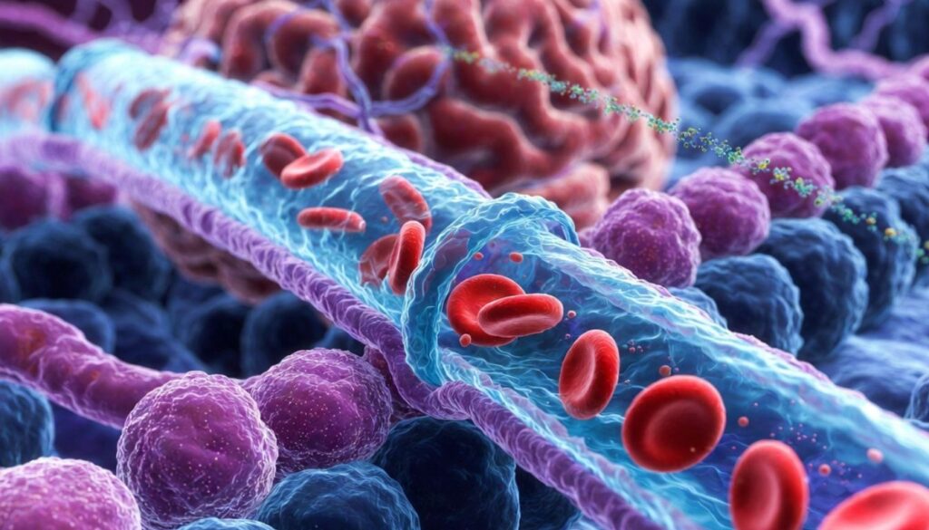Detailed 3D illustration of the blood brain barrier showing endothelial cells, tight junctions, astrocyte end-feet, and pericytes in a brain capillary