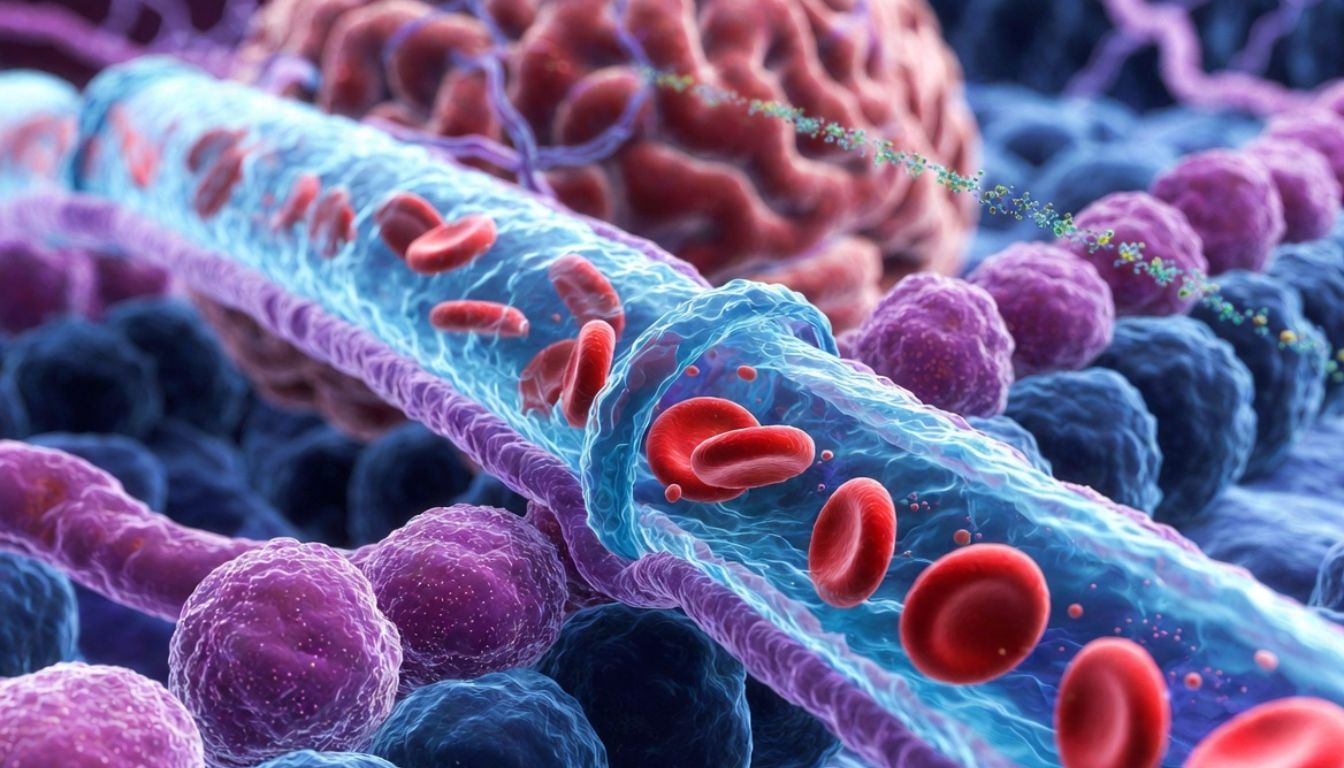 Detailed 3D illustration of the blood brain barrier showing endothelial cells, tight junctions, astrocyte end-feet, and pericytes in a brain capillary