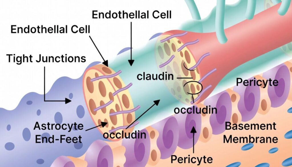 Labeled diagram of the neurovascular unit showing the blood brain barrier with endothelial cells, tight junctions, astrocyte end-feet, pericytes, and basement membrane