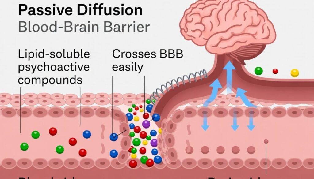 Illustration of passive diffusion showing how lipid-soluble psychoactive compounds easily cross the blood brain barrier from the blood side to the brain side