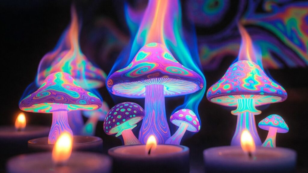 Vibrant psychedelic mushroom candles glowing with colorful neon flames in purple, blue, pink, and turquoise. Handmade fungi-themed soy candles perfect for mushroom lovers and trippy home decor.