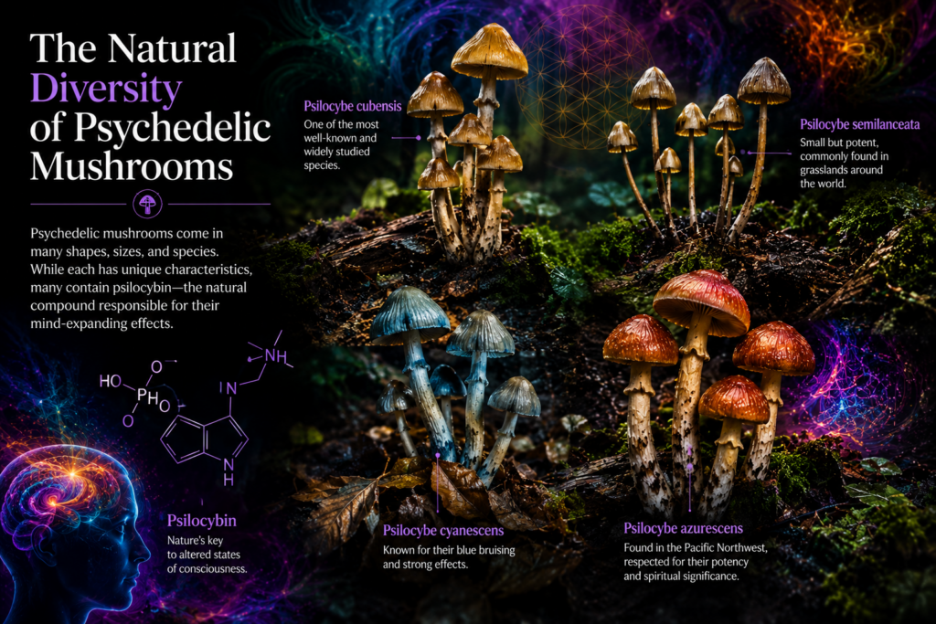 Illustration showing several species of psychedelic mushrooms, including Psilocybe cubensis, Psilocybe cyanescens, Psilocybe semilanceata, and Psilocybe azurescens, with psychedelic-inspired artwork representing their diversity.